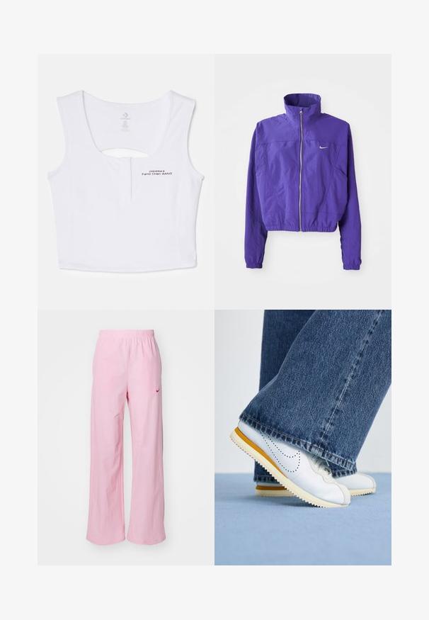 Giacca a zip viola realizzata in tessuto leggero, con colletto alto e orlo elastico, dotata di un piccolo logo sul lato sinistro del petto.; Top corto bianco realizzato in un materiale misto cotone. Presenta un'apertura a forma di chiave sul retro e dettagli del logo stampato in nero sulla parte anteriore.; Pantaloni rosa con vita elastica e vestibilità rilassata. Presentano un logo rosso sul lato sinistro e una consistenza liscia e leggera.; Sneakers in pelle bianca con accenti gialli, punta rotonda e suola in gomma testurizzata, abbinate a pantaloni a zampa d'elefante in denim blu scuro.
