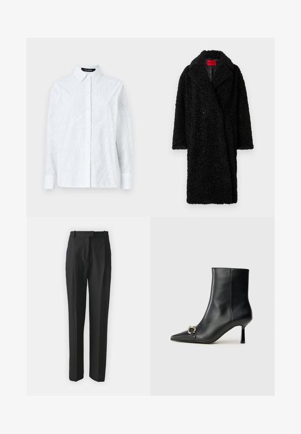 Μαύρο μακρύ παλτό teddy με φαρδύ γιακά, υφαντό κατσαρό ύφασμα και ορατή κόκκινη ετικέτα "HUGO" μέσα στον λαιμό.; Λευκό πουκάμισο με κουμπιά, με υφασμάτινο σχέδιο κειμένου, κλασικό γιακά, μακριά μανίκια και ευθεία ραφή. Φτιαγμένο από ελαφρύ ύφασμα.; Μαύρα κομμένα παντελόνια από ελαφρύ ύφασμα, με ίσια γραμμή, επίπεδο μπροστινό μέρος και θηλιές ζώνης. Λείο υφή χωρίς εμφανή σχέδια.; Μαύρο δερμάτινο μποτάκι ζωής με κομψή μύτη, λεπτό μεσαίου ύψους τακούνι και ασημένια λεπτομέρεια με πόρπη στο πλάι, σε απλό φόντο.