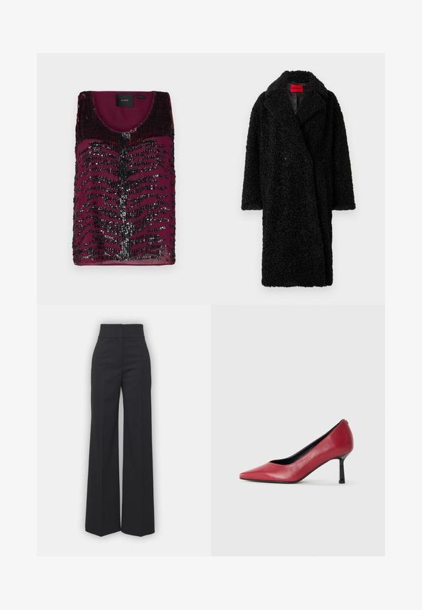 Black long teddy coat with wide collar, textured curly fabric, and a visible red "HUGO" label inside the neckline.; Burgundy sequin top featuring a scoop neckline, intricate black sequined patterns, and a smooth texture. Designed without sleeves.; Wide-leg trousers in black fabric with a high waistband, featuring a clean finish and smooth texture. No visible hardware or patterns.; Red leather high-heeled pump with a pointed toe design and a thin black heel. Smooth texture with a sleek silhouette.