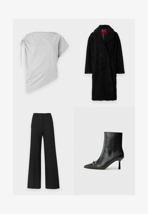 Černý dlouhý teddy kabát s širokým límcem, texturovanou zvlněnou tkaninou a viditelnou červenou etiketou "HUGO" uvnitř výstřihu.; Asymetrické šedé tričko z měkké tkaniny s uvázaným detailem na jedné straně a širokým výstřihem, s krátkými rukávy a volným střihem.; Černé kalhoty s širokými nohavicemi a přizpůsobeným střihem, se hladkým povrchem a jemnými záhyby vpředu. Bez viditelného kování nebo vzorů.; Černá kožená kotníková bota s špičatou špičkou, úzkým středně vysokým podpatkem a stříbrnou sponou na straně, na jednobarevném pozadí.
