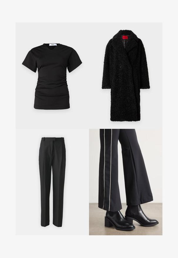 Palton lung negru tip teddy, cu guler lat, dintr-un material texturat, cârlionțat și cu eticheta roșie "HUGO" vizibilă în interiorul gulerului.; DAY Birger et Mikkelsen BRAXTON MODERN - Tricou basic - black; Pantaloni negri croiți dintr-un material ușor, cu croi drept, față plată și bucle pentru curea. Textură netedă fără modele vizibile.; Bocanci de piele negri până la gleznă, cu toc pătrat, având panouri elastice pe laterale. Asortați cu pantaloni negri care au o dungi albă pe lateral.