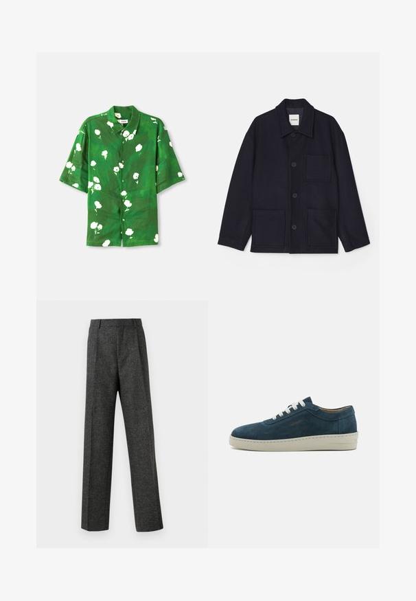 Jachetă bleu marin dintr-un amestec de lână, cu guler, închidere cu nasturi și două buzunare frontale. Textură netedă și design simplu.; Cămașă cu mâneci scurte, din țesătură verde cu imprimeu floral alb, având guler de tip camp și croială lejeră. Material texturat, ușor.; Pantaloni gri ajustați din țesătură texturată, prezentând două pliere frontale și un design drept. Fără buzunare vizibile sau ornamente.; Sneakers albastre din suede, cu vârf rotund, șireturi albe și talpă din cauciuc. Prezintă cusături subtile și un accent de marcă pe lateral.