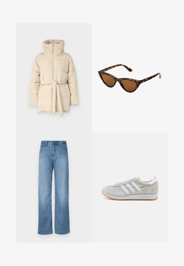 Beez puffer jakk, millel on kõrge krae, täispikkus lukuga sulgemine, vöökoha rihm ja tikanditud tekstuur. Sile kangas, ilma nähtavate mustrite või aktsentideta.; Must siled pikkade varrukatega pehme kaelusega must ribaga topp, mis on valmistatud venivast kangast, omades figuuri hoolivalt järgivat lõiget ning õrnalt tekstuurset pinna.; Heledad sinine teksariie laiade jalgadega püksid klassikalise viie taskuga disainiga, nööbiga sulgemine ning õmbluste äärtes peened õmblustooted.; Heled hallid tossud, mis on valmistatud nubukist ja võrgust, millel on kolm valget triipu, ümmargune varvas ja kummist tald. Kuldne logoelement paelte lähedal.; Kassi vormiga prillid musta ja oranži kilpkonnakujulise raami, pruunide läätsede ja elegantsete teravate otstega. Templi juures on minimaalne logo.; Hõbedased rõngastikkaehingad minimalistlikus disainis. Ümar kuju, sile tekstuur ja õhuke profiil. Kerged ning poleeritud viimistlusega.