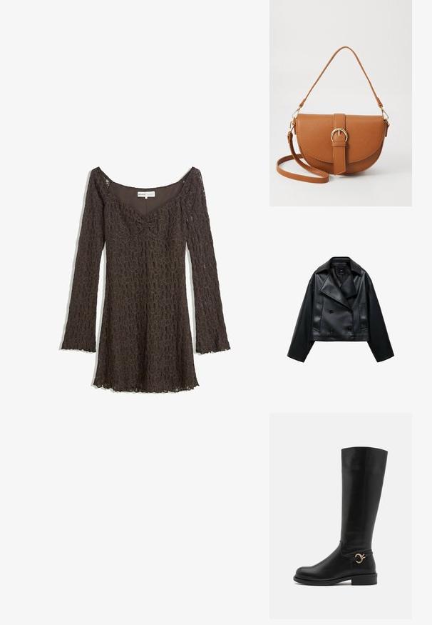 Cropped black faux leather jacket with a double-breasted design, wide lapels, and three front buttons. Smooth texture and two angled pockets.; Brown lace dress with long sleeves, off-shoulder design, floral pattern, gathered front detail, and scalloped hem.; Anna Field Wide Fit Boots - black; Brown leather crossbody bag with a curved shape, gold hardware, and a buckle accent. Features a detachable shoulder strap.