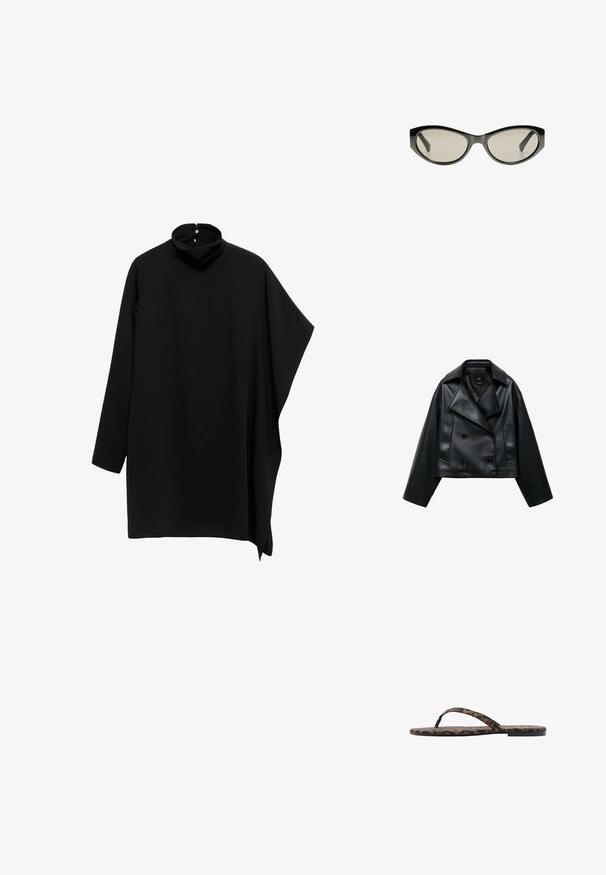 Jachetă din piele ecologică neagră, scurtă, cu un design din două rânduri de nasturi, rever larg și trei nasturi frontali. Textură netedă și două buzunare înclinate.; Top negru cu guler înalt, mâneci lungi, design asimetric și țesătură fluidă; dispune de un închizător cu buton în spatele gulerului.; Sandale flip-flop cu model leopard, cu talpă plată, curele subțiri și o textură netedă. Prezintă modele îndrăznețe de culoare neagră și maro pe material.; Ochelari de soare negri cu lentile de culoare gri. Rama din plastic are margini ascuțite și o finisare netedă, lucioasă.