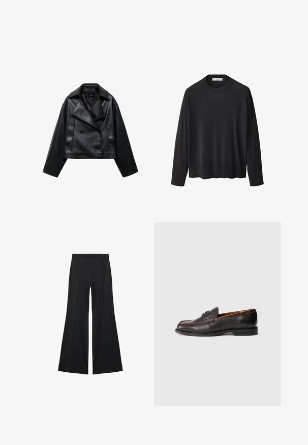 Beskaaret sort faux læderjakke med dobbeltbrystet design, brede revers og tre forknapper. Glat tekstur og to skrå lommer.; Sort strikket sweater med en ribbet rund halsudskæring, lange ærmer og en lige kant. Blød tekstur, minimalistisk design og alsidig stil.; Sorte brede bukser med en glat tekstur, der har fremadrettede folder og en skræddersyet design. Stofferne er lette og flerdimensionelle.; Sorte læder loafers med en glat overflade, rund tå og stikninger. Har en lav hæl og minimalistisk design.