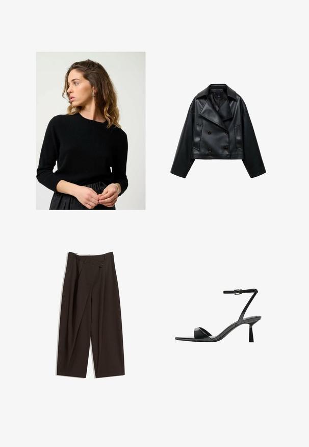 Cropped black faux leather jacket with a double-breasted design, wide lapels, and three front buttons. Smooth texture and two angled pockets.; Black, knitted sweater with a round neckline and three-quarter sleeves, paired with a pleated black skirt. Smooth texture, form-fitting design.; White sleeveless top featuring a button front, side pockets, and a fitted design with a slightly flared hem. Smooth texture, minimal detailing.; Dark brown wide-leg trousers with a high waist, featuring a single button closure and a pleated front. Made from lightweight fabric.; Bershka High heeled sandals - black