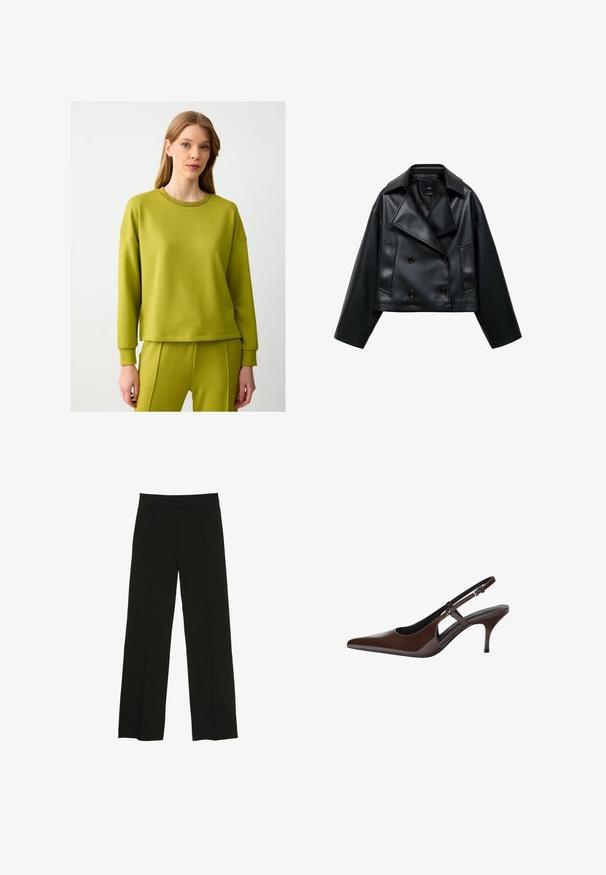 Afgesneden zwarte neplederen jas met een dubbelknopens ontwerp, brede revers en drie knopen aan de voorkant. Glad textuur en twee schuine zakken.; Limegroene sweatshirt van zachte stof met een ronde halslijn, ribbelaccent op de kraag en een relaxte pasvorm. Gecombineerd met bijpassende sweatpants.; Zwarte wijde pantalon gemaakt van een soepele stof, met een aansluitende tailleband en subtiele plooien aan de voorkant voor extra textuur.; Bruine gepatenteerde leren slingback pump met een spits toelopende neus, open uitsparingen en een dunne hak. Voorzien van een verstelbare gesp.