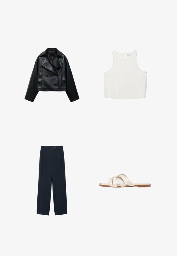 Izrezana crna jakna od umjetne kože s dvostrukim kopčanjem, širokim reverima i tri prednja gumba. Glatka tekstura i dva kuta džepa.; Bijela bezrukavna majica s okruglim izrezom, koja ima suptilnu teksturu, detalj u obliku ključa na leđima i ravni rub.; Mornarski široki hlače s vertikalnim prugama, prednjim nabora i zatvaranjem na dugme. Napravljene su od glatkog materijala s krojem koji se savršeno uklapa.; Ravne sandale s smeškom od gume, dizajnirane s tri preklapajuće bele kožne trake i malim detaljem mašne u sredini.