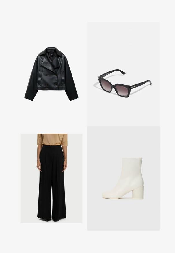 Afgesneden zwarte neplederen jas met een dubbelknopens ontwerp, brede revers en drie knopen aan de voorkant. Glad textuur en twee schuine zakken.; Witte langemouwen shirt van gladde stof met een klassieke kraag, sluiting met knopen aan de voorkant en een borstzak.; RESIDUS LAKE - Broek - black; Witte leren enkellaars met een ronde neus en een stevige cilindrische hak. Gladde textuur, minimalistisch design, geen zichtbare hardware of patronen.; Zwarte oversized zonnebril met een geometrische vorm, gradient lenzen en gouden accenten op de armen. Gemaakt van duurzaam plastic materiaal.