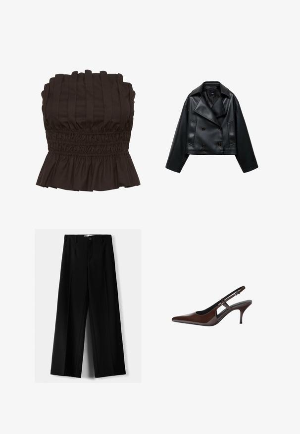 Skrajna črna jakna iz umetnega usnja z dvorednim zapenjanjem, širokimi reverji in tremi sprednjimi gumbi. Gladka tekstura in dva poševna žepa.; Gestuz PAULINE - Top - dark brown; Črne široke hlače iz lahkega materiala, z zapiranjem na gumb spredaj in ravnim sprednjim delom, s skrbno zašiti robovi.; Rjave čevlje iz patentirane usnje s slingback obliko in špicastim nosom, odprtimi izrezi in tankim peto. Ima nastavljiv pas s sponko.
