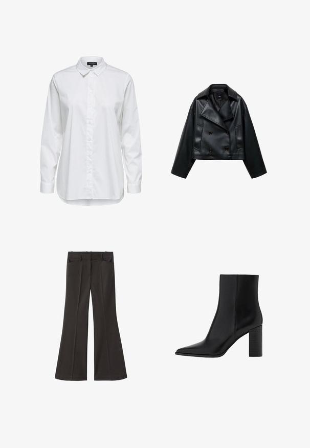Cropped black faux leather jacket with a double-breasted design, wide lapels, and three front buttons. Smooth texture and two angled pockets.; White button-up shirt made of smooth fabric, featuring a pointed collar, long sleeves, and a straight hem with a slightly longer back.; Black flared trousers with a high waist; features two front pockets and a smooth fabric texture. Suitable for various occasions.; Black leather ankle boot with a pointed toe, square heel, smooth texture, and stitching details along the seams. Heels measure approximately 3.5 inches.