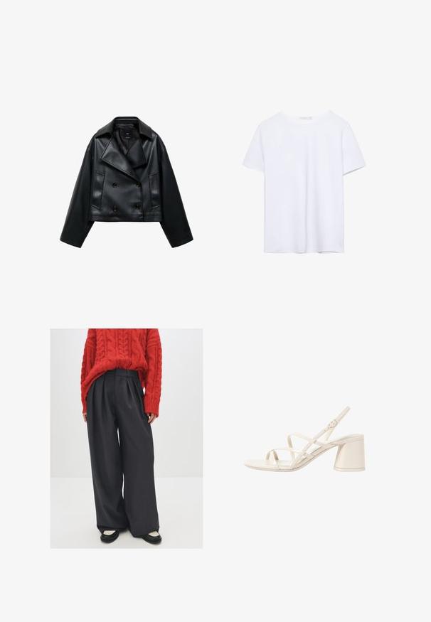 Zkrácená černá koženka s dvojitým zapínáním, širokými klopami a třemi předními knoflíky. Hladký povrch a dvě šikmé kapsy.; Jednoduché bílé tričko s krátkým rukávem a kulatým výstřihem, se rovný lem, vystavené na bílém pozadí.; Červený svetr s pleteným vzorem je kombinován s kalhotami s vysokým pasem v tmavě šedé barvě a širokými nohavicemi, doplněnými černými balerínami s krémovými detaily. Viditelné strukturované pletení a sklady.; Béžové sandály na podpatku s tenkými překříženými pásky, otevřenou špičkou a čtvercovým blokovým podpatkem. Hladký lakovaný povrch, nastavitelný pásek kolem kotníku.