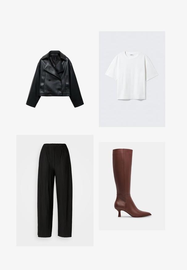 Giacca nera in ecopelle tagliata, con un design doppiopetto, ampi revers e tre bottoni frontali. Texture liscia e due tasche inclinate.; T-shirt bianco a maniche corte in morbido cotone, con scollatura rotonda e vestibilità rilassata con orlo dritto, semplice e senza fantasie o grafiche.; Pantaloni neri a gamba larga plissettati con vita elastica. Il tessuto presenta pieghe verticali e una consistenza liscia.; Stivale marrone in pelle alto fino al ginocchio, con punta affusolata e tacco sottile. Texture liscia senza motivi visibili o elementi hardware.