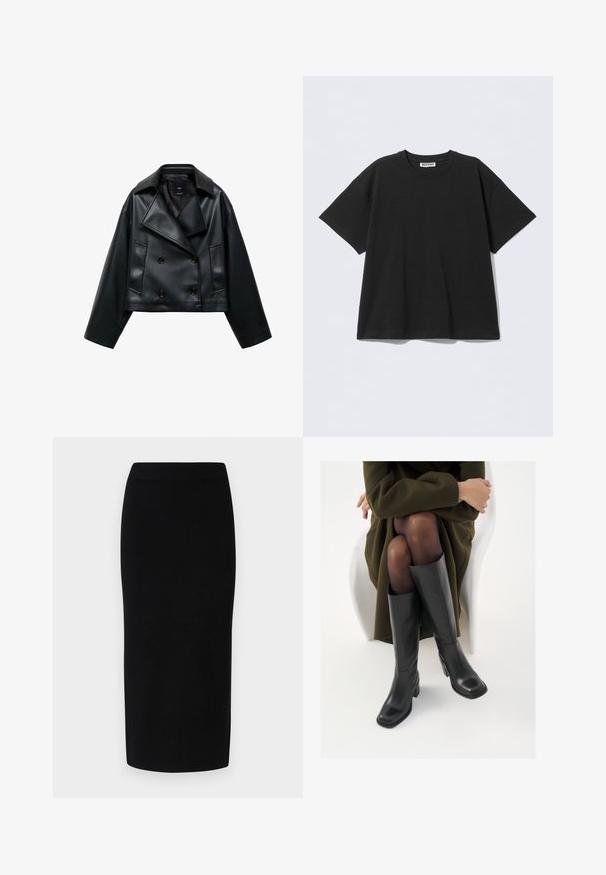 Abgeschnittene schwarze Kunstlederjacke mit doppelter Knopfleiste, breiten Revers und drei vorderen Knöpfen. Glatte Textur und zwei schräge Taschen.; Schwarzes, oversized T-Shirt aus Baumwolle mit Rundhalsausschnitt und kurzen Ärmeln. Schlichtes Design ohne Muster oder Verzierungen.; Schwarzer Strick-Midirock mit einer taillierten Silhouette, ausgestattet mit einem breiten elastischen Bund und glatter Textur, ohne erkennbare Muster oder Akzente.; Knöchelhöhe schwarze Lederstiefel mit quadrater Spitze und Blockabsatz, gezeigt mit einem Modell, das einen olivgrünen Mantel trägt. Glatte Textur, minimale Details.