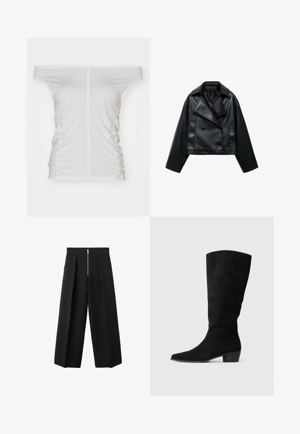Abgeschnittene schwarze Kunstlederjacke mit doppelter Knopfleiste, breiten Revers und drei vorderen Knöpfen. Glatte Textur und zwei schräge Taschen.; Weißes Off-Shoulder-Oberteil, geraffte seitliche Details, weicher Stoff, figurbetontes Design und gerade Ausschnitt.; Schwarze weit geschnittene Hose mit vorderen Falten und einem sichtbaren silbernen Reißverschlussverschluss an der Taille, flacher Front und seitlichen Taschen.; Schwarze Wildlederkniehohe Stiefel mit niedrigem Blockabsatz und spitzem Schuh, seitlich dargestellt auf einem schlichten hellgrauen Hintergrund.