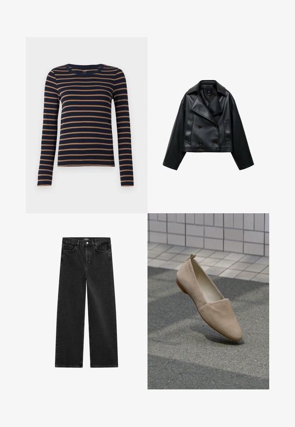 Beskaaret sort faux læderjakke med dobbeltbrystet design, brede revers og tre forknapper. Glat tekstur og to skrå lommer.; Navyblå langærmet skjorte med brune vandrette striber og rund halsudskæring, præsenteret mod en hvid baggrund.; Bredde ben sorte denimbukser med en subtil lodret stribepattern, der har fem lomme-design og en klassisk knaplukning i taljen.; Beige flad sko lavet af blødt materiale, med spidse tæer og minimalistisk design. Inkluderer en lille hæl og en løkke bagpå.