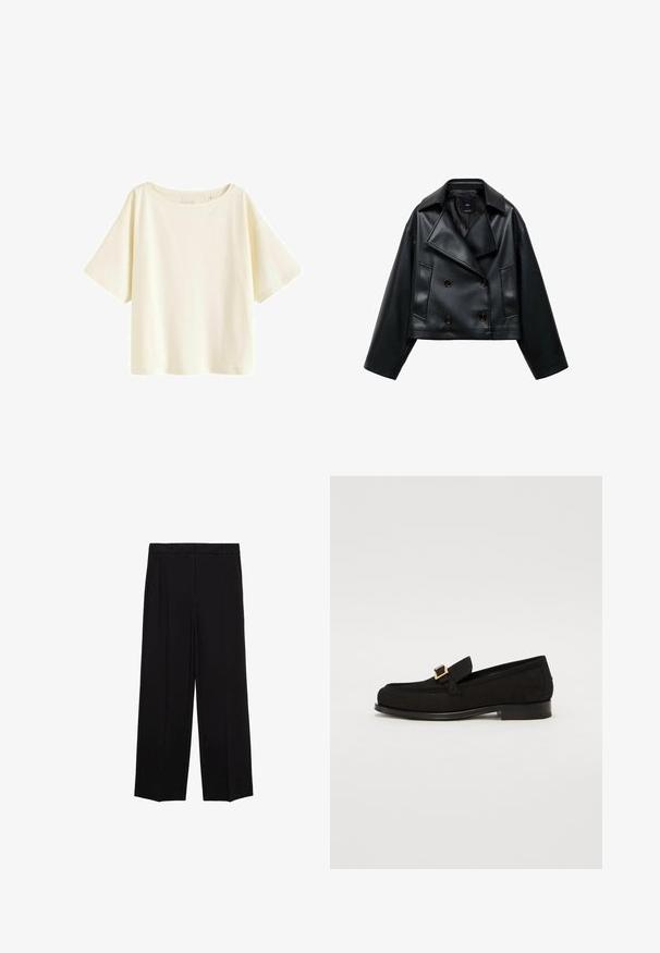Przycięta czarna kurtka z sztucznej skóry o podwójnym zapięciu, szerokich klapach i trzech guzikach z przodu. Gładka faktura i dwie ukośne kieszenie.; Kremowa bawełniana koszulka, krótka, z szerokimi krótkimi rękawami, okrągłym dekoltem, gładka, o gładkiej fakturze, bez widocznych wzorów czy akcentów.; Czarne spodnie o szerokich nogawkach z gładkiego materiału, z plisami z przodu i bocznymi kieszeniami, zaprojektowane w prostym, luźnym kroju.; Czarne zamszowe loafersy z niskim obcasem, z akcentem w postaci złotej kwadratowej klamry i detalami przeszyć na górze. Okrągły design noska.