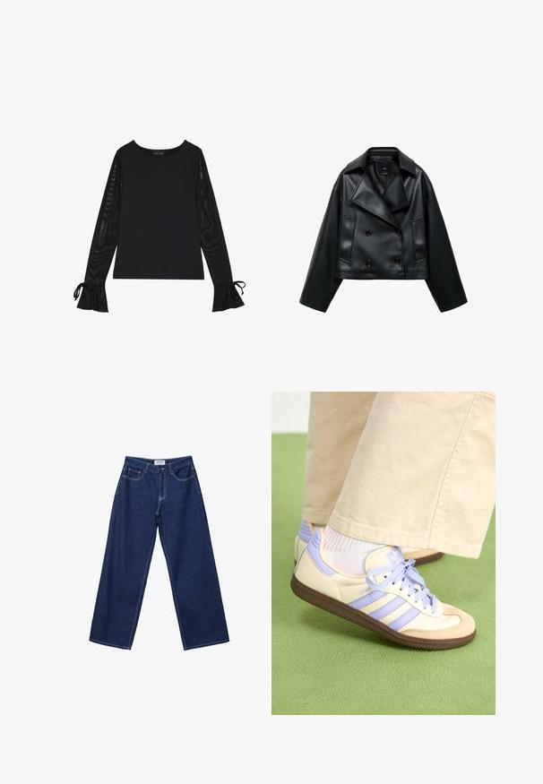 Afgesneden zwarte neplederen jas met een dubbelknopens ontwerp, brede revers en drie knopen aan de voorkant. Glad textuur en twee schuine zakken.; Zwarte top met een solide lichaam en doorschijnende, uitlopende mouwen. Heeft strikaccenten bij de manchetten. Gemaakt van een gladde stof met een getailleerd ontwerp.; Wijde donkerblauwe denim jeans met een knoopsluiting, vijf zakken en contrasterende witte stiksels. De stof heeft een gladde, iets gestructureerde afwerking.; Crème- en lavendel-sneakers met drie strepen en een gestructureerde bruine zool, voorzien van veters en een gewatteerde hiel. Zachte stoffen bovenkant.