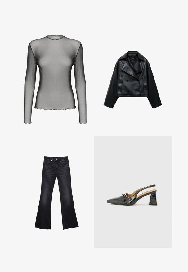 Abgeschnittene schwarze Kunstlederjacke mit doppelter Knopfleiste, breiten Revers und drei vorderen Knöpfen. Glatte Textur und zwei schräge Taschen.; Langärmliges Mesh-Top aus transparentem schwarzem Stoff mit rundem Ausschnitt und gewelltem Saum; bietet eine glatte Textur und ein leichtes Design.; Schwarze, ausgestellte Jeans aus Denim mit leicht verwaschenem Textur. Verfügt über Fronttaschen, einen Reißverschluss und sichtbare Nähte.; Schwarzer Lacklederslingback-Schuh mit spitzem Zeh, dreieckigem Absatz und dekorativem Riemen mit silbernen Akzenten. Glatte Textur.