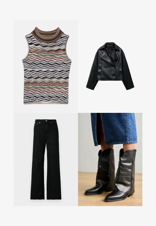 Abgeschnittene schwarze Kunstlederjacke mit doppelter Knopfleiste, breiten Revers und drei vorderen Knöpfen. Glatte Textur und zwei schräge Taschen.; Ärmelloses Oberteil mit hohem Kragen, das ein gewelltes Muster in erdigen Tönen von Braun, Weiß und Schwarz aufweist, gefertigt aus einem weichen, strukturierten Strickstoff.; Schwarze Jeans aus Denim mit hoher Taille und weitem Bein, ausgestattet mit einem Vorderknopf und einem Reißverschluss, sowie einem klassischen Fünf-Taschen-Design.; Pavement CALLISTA - Cowboy-/Bikerboot - black