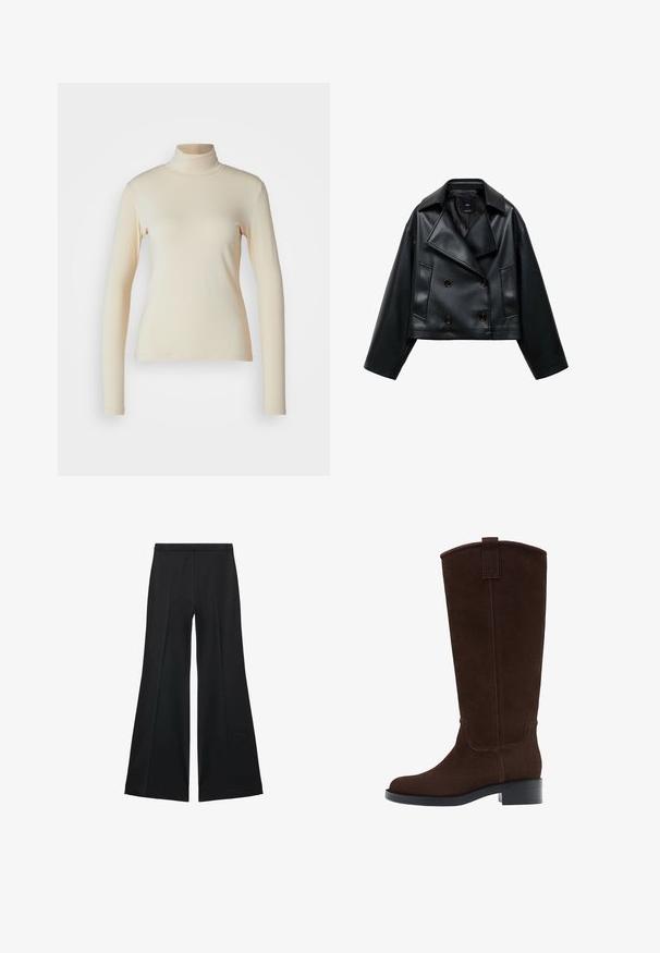 Cropped black faux leather jacket with a double-breasted design, wide lapels, and three front buttons. Smooth texture and two angled pockets.; Cream-colored long-sleeve turtleneck top made of smooth, stretchy fabric; fitted design with a high neck and no visible patterns or accents.; Black wide-leg pants with a smooth texture, featuring front pleats and a tailored design. The fabric is lightweight and flowy.; Brown suede knee-high boots with a rounded toe, subtle stitching, and a low block heel; feature a pull tab at the top for easy wear.