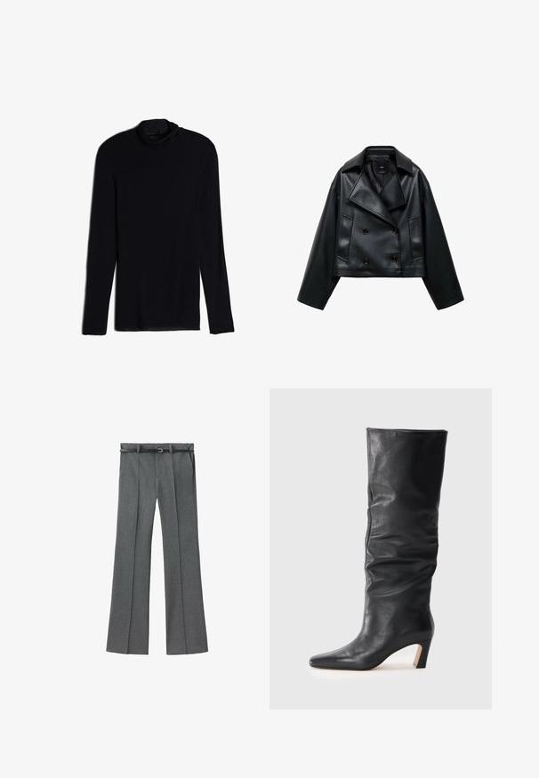 Avskuren svart fusk läderjacka med dubbelknäppning, breda slag och tre framknappar. Slät textur och två snedställda fickor.; Svart långärmad topp med draperad halsringning, tillverkad av ett mjukt och glatt material; figursydd design med rak fåll och inga synliga sömmar.; Grå skräddarsydda byxor med rak bendesign, lättviktsmaterial, bälteshällor och ett smalt bälte med en silverfärgad spänne.; Svart läder stövlett med klack som når till mitten av vaden, med en något avslappnad skaftform och spetsig tå på en ljus bakgrund.