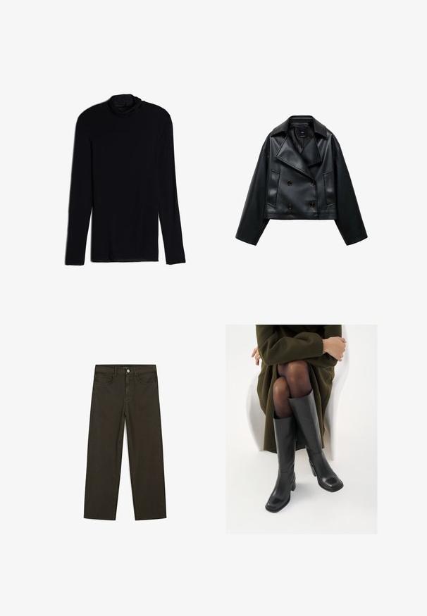 Cropped black faux leather jacket with a double-breasted design, wide lapels, and three front buttons. Smooth texture and two angled pockets.; Black long-sleeve top with a cowl neck, made from a soft, smooth fabric; fitted design with straight hem and no visible seams.; Dark green wide-leg jeans made of cotton blend, featuring a front button closure, five pockets, and classic denim stitching.; Knee-high black leather boots with a squared toe and block heel, shown with a model seated in an olive green coat. Smooth texture, minimal detailing.