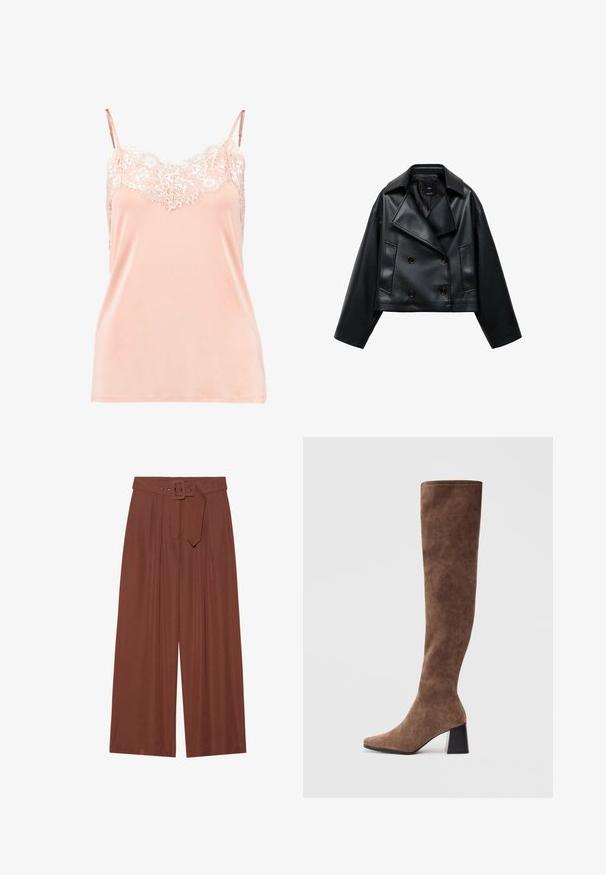 Przycięta czarna kurtka z sztucznej skóry o podwójnym zapięciu, szerokich klapach i trzech guzikach z przodu. Gładka faktura i dwie ukośne kieszenie.; Brzoskwiniowa koszulka na ramiączkach z regulowanymi paskami, z koronkowym wykończeniem przy dekolcie. Gładki materiał, miękka faktura i luźny krój.; Spodnie o szerokich nogawkach w brązowym materiale, z paskiem z kwadratową klamrą, plisowanym wzorem i gładką teksturą.; Brązowe wysokie do kolan botki z miękkiego zamszu, z ostrym noskiem i masywnym czarnym obcasem. Projekt charakteryzuje się bezszwowymi przeszyciami, co nadaje elegancki wygląd.
