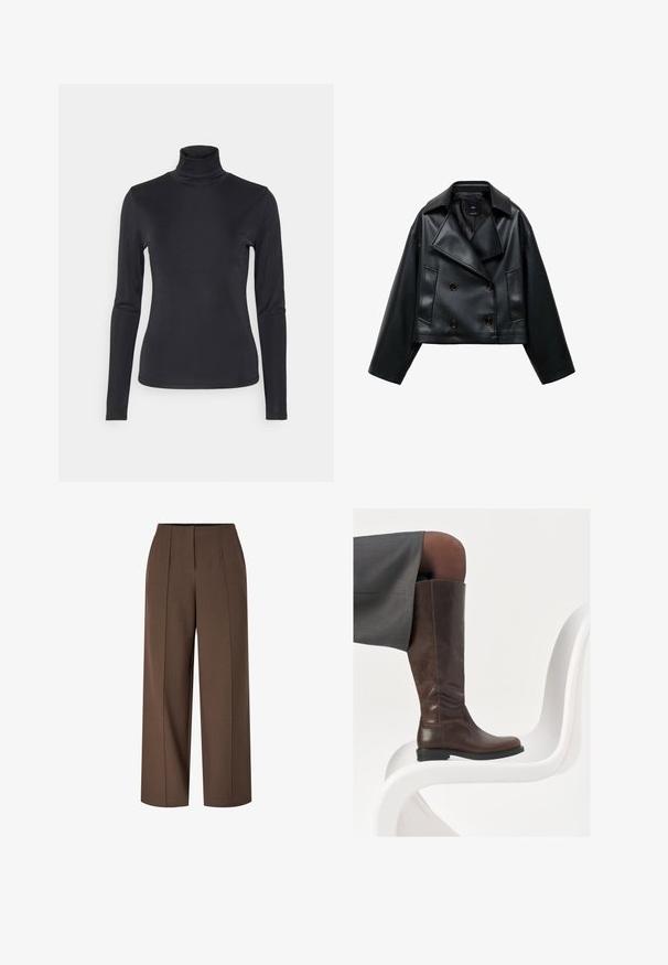 Przycięta czarna kurtka z sztucznej skóry o podwójnym zapięciu, szerokich klapach i trzech guzikach z przodu. Gładka faktura i dwie ukośne kieszenie.; Czarny golf z długimi rękawami, wykonany z gładkiego, elastycznego materiału. Posiada dopasowany krój i wysoki kołnierz. Minimalistyczny styl, bez widocznych wzorów.; Brązowe spodnie z wysokim stanem i szerokimi nogawkami, z liniami z przodu i ukrytym zapięciem z przodu na zamek.; Brązowe skórzane wysokie buty do kolan z okrągłym noskiem, gładką fakturą i minimalnymi detalami przeszycia, ustawione na jasnym tle na białym krześle.