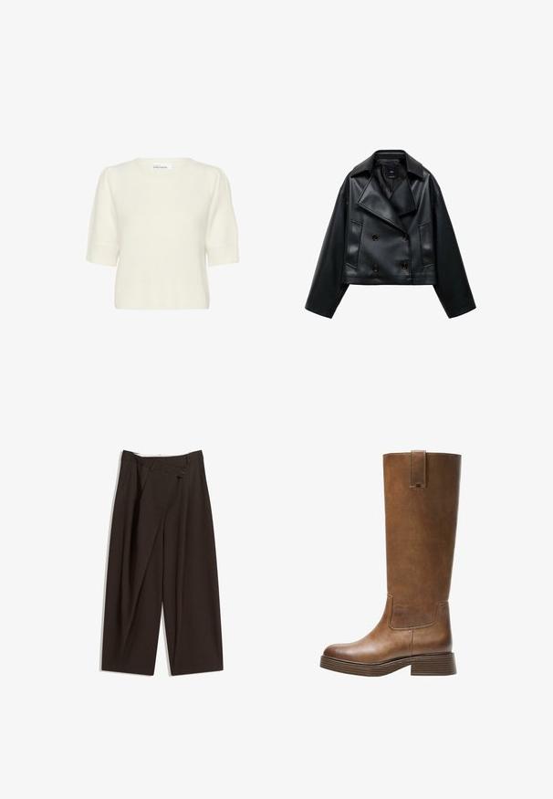 Abgeschnittene schwarze Kunstlederjacke mit doppelter Knopfleiste, breiten Revers und drei vorderen Knöpfen. Glatte Textur und zwei schräge Taschen.; Kurzärmeliger Strickpullover in Cremefarben mit aufgepufften Schultern und geripptem Saum, hergestellt von Karen by Simonsen.; Dunkelbraune, weite Hosen mit hohem Bund, die über einen einzigen Knopfverschluss und eine gefaltete Vorderseite verfügen. Hergestellt aus leichtem Stoff.; Braunes Leder-Knöchelhochstiefel mit abgerundetem Zeh, strukturiertem Obermaterial und niedrigem, gestapeltem Absatz. Verfügt über ein seitliches Einsätzen und eine Ziehschlaufe an der Oberseite.