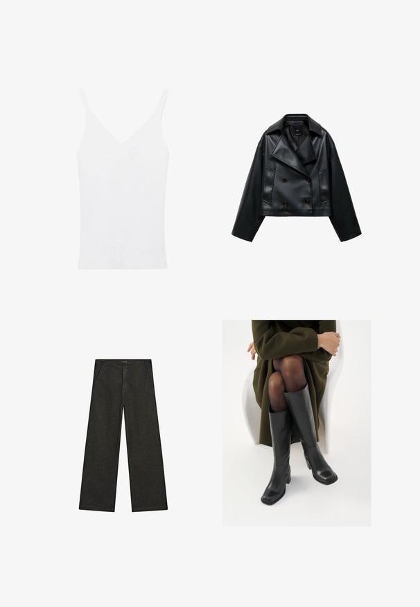 Cropped black faux leather jacket with a double-breasted design, wide lapels, and three front buttons. Smooth texture and two angled pockets.; White tank top with thin straps, V-neckline, fitted design, and ribbed texture. Material appears soft and lightweight.; Wide-leg black denim pants featuring a mid-rise waist, two front pockets, and a clean, minimalist design with no visible embellishments.; Knee-high black leather boots with a squared toe and block heel, shown with a model seated in an olive green coat. Smooth texture, minimal detailing.