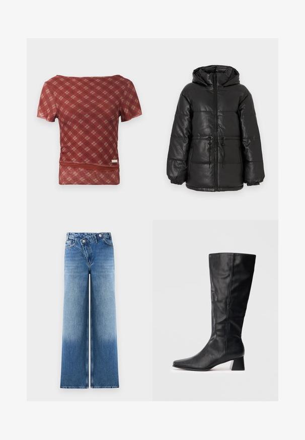 Svart vadderad jacka med en glänsande yta, framdragkedja, elastiska ärmslut, dragsko vid midjan och huva för extra värme.; Röd och beige rutigt kortärmad topp med en smidig textur och en figurnära midja, med en fåll som har en subtil samlingsdetalj.; Ljusblå vida jeans med en urblekt tvätt, med en klassisk femfickorsdesign och metallknappaccent vid midjan.; Svart läderstövel till mitten av vaden med spetsig tå och klack i blockform, mot en enkel ljus bakgrund.