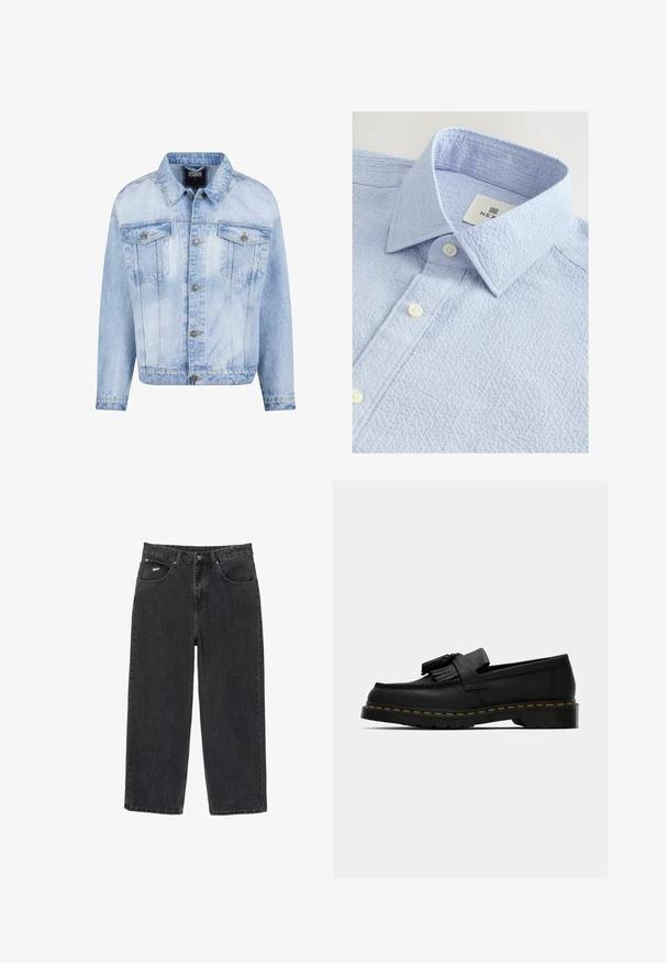 Svetlomodrá džínsová bunda s gombíkovým zapínaním, dvoma náprsními vreckami a dlhými rukávmi. Obsahuje vyblednutú textúru a zlaté kovové detaily.; Svetlomodrá textúrovaná košeľa s golierom na gombíky, obsahujúca dva biele gombíky a výšivku s názvom značky vo vnútri goliera.; Čierne rovné džíny z denimu s piatimi vreckami a zatvorením na gombík, s malým bielym logom na prednom pravom vrecku.; Čierne kožené mokasíny s strapcami, žltým prešitím pozdĺž podrážky a hrubou, vrúbkovanou gumovou podrážkou.