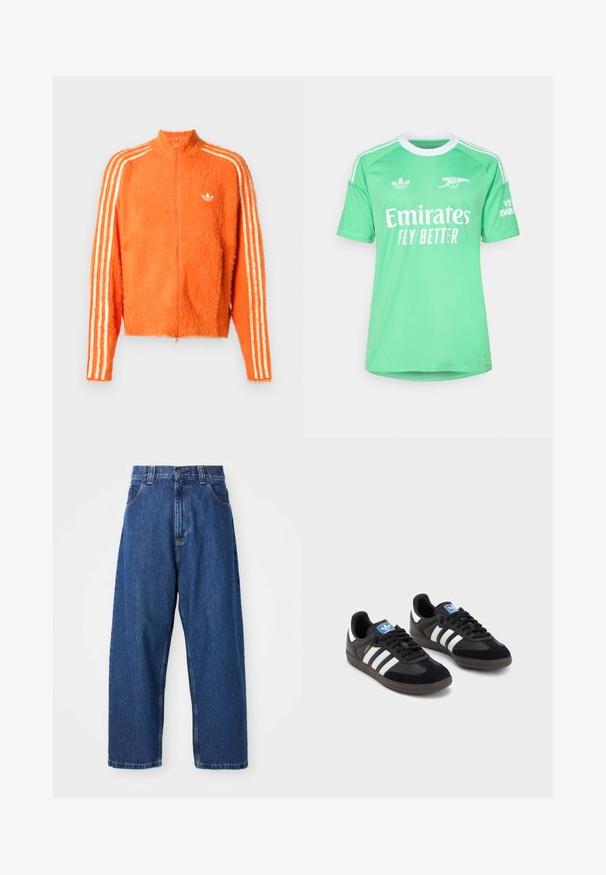 Casaco laranja felpudo com fecho zip, com gola alta, apresentando três riscas brancas em cada manga e um pequeno logo branco no peito.; adidas Performance ARSENAL FC 25/26 3RD GOALKEEPER JERSEY - Roupa de discoteca - semi screaming green/white; Jeans de perna larga em denim azul escuro. Apresenta uma cintura alta, passadores de cinto e um design clássico de cinco bolsos. Barra cosida com um acabamento limpo.; Sneakers pretos com parte superior em camurça e sintético, apresentando três riscas brancas, sola de borracha texturizada e etiqueta azul no linguete.