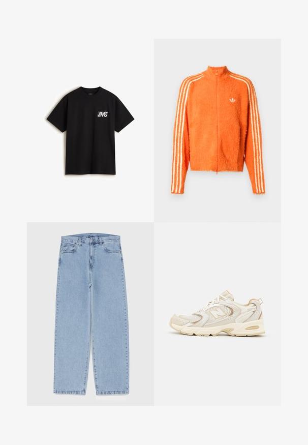 Pomarańczowa, puszysta bluza zip-up z wysokim kołnierzem, z trzema białymi paskami na każdym rękawie oraz małym białym logo na klatce piersiowej.; Vans CHAOS czarny; Jasnoniebieskie dżinsy o prostym kroju nogawki, z średnim stanem, pięcioma kieszeniami oraz zapięciem na guzik i zamek błyskawiczny.; Beżowe buty sportowe z siateczkowymi i syntetycznymi nakładkami, z teksturowaną powierzchnią, wyściełanym kołnierzem oraz amortyzacją "ABZORB" w pięcie.