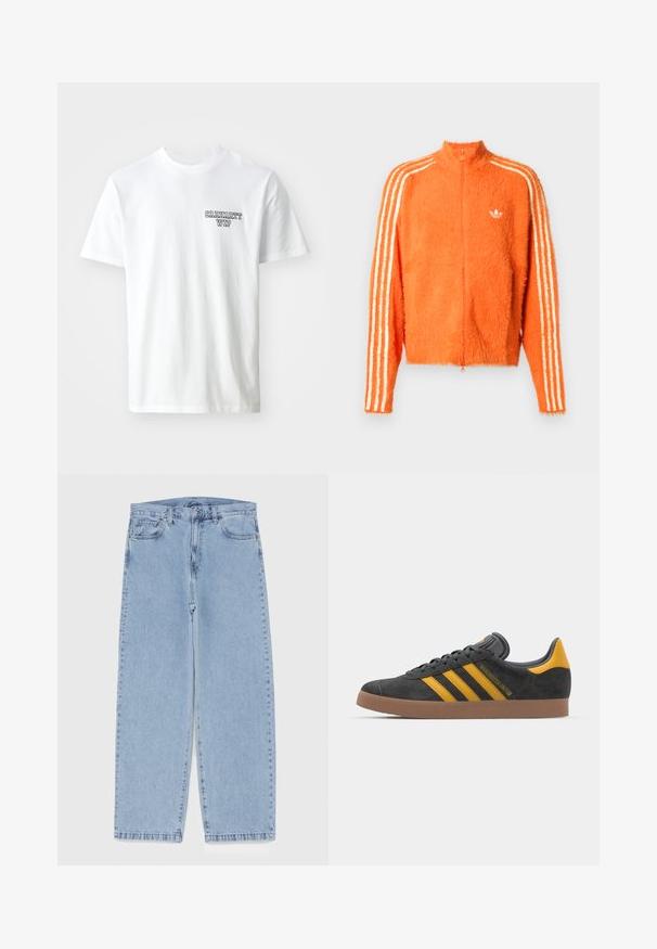 Orange fuzzy zip-up jakke med høj krave, der har tre hvide striber ned ad hver ærme og et lille hvidt logo på brystet.; Hvid bomulds T-shirt med rund halsudskæring. Har et lille blåt tekstlogo "CARHARTT WIP" på venstre bryst. Klassisk pasform, korte ærmer.; Lyseblå denimjeans med straight leg-design, der har en mid-rise talje, fem lommer og en lukning med knap og lynlås.; Sort suedet sneaker med gule accenter, der har tre striber og en brun gummisål. Inkluderer en polstret tunge for komfort.