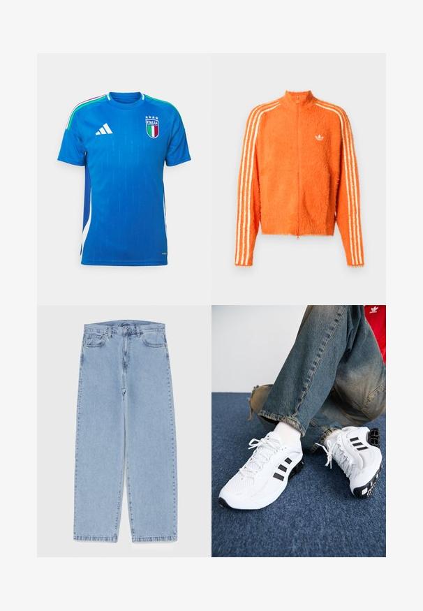 Narančasta plišasta jakna s patentnim zatvaračem i visokim ovratnikom, koja ima tri bijele pruge niz svaku rukavicu i mali bijeli logo na prsima.; Plavi kratki sportski dres s tri bijele pruge na ramenima, s emblemu Italije na lijevoj strani prsnog koša i suptilnim vertikalnim uzorkom po cijeloj površini.; Svijetloplave traperice s ravnim nogavicama, sa srednjim strukom, pet džepova i zatvaranjem na dugme i patentni zatvarač.; Bijele mrežaste atletske cipele s crnim akcentima, s teksturiranim dizajnom i prepoznatljivom petom, u kombinaciji s plavim trapericama.