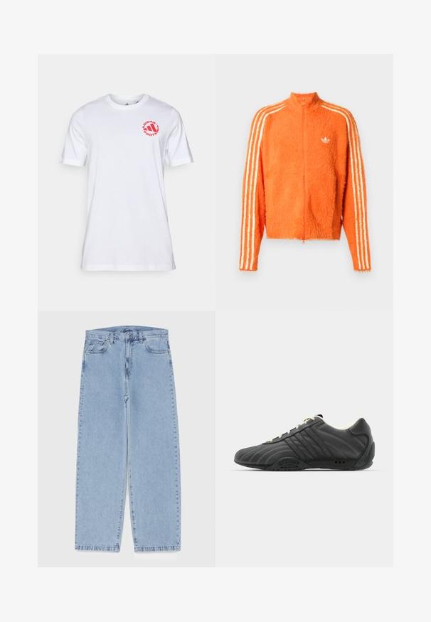 Jachetă zip-up portocalie, pufoasă, cu guler înalt, având trei benzi albe pe fiecare mânecă și un mic logo alb pe piept.; Tricou alb din bumbac, cu guler rotund și mâneci scurte. Logo circular roșu cu textul "ADIDAS FOOTBALL" pe piept.; Jeans din denim de culoare albastru deschis, cu un design cu picioare drepte, având talie medie, cinci buzunare și un sistem de închidere cu nasture și fermoar.; adidas Originals ADIRACER UNISEX - Sneakers low - core black/cream white