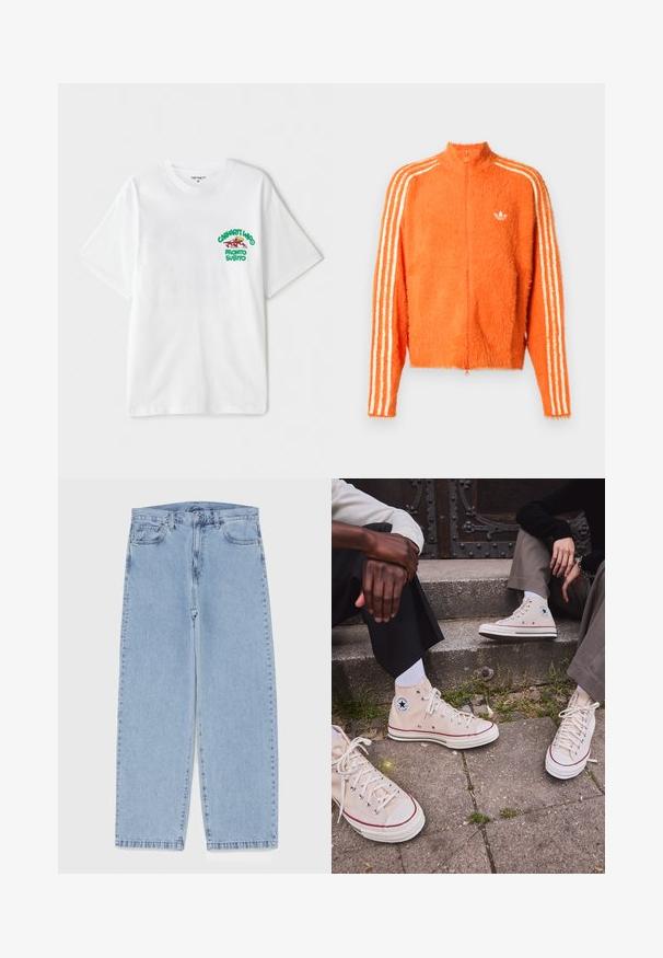 Casaco laranja felpudo com fecho zip, com gola alta, apresentando três riscas brancas em cada manga e um pequeno logo branco no peito.; T-shirt de algodão branca com um texto gráfico em verde e vermelho no lado esquerdo do peito que diz "cashart Who Pronto Subito." Mangas curtas.; Jeans de denim azul claro com design de perna reta, apresentando uma cintura de altura média, cinco bolsos e um fecho de botão e zíper.; Ténis de cano alto em tela bege com risca vermelha, sola de borracha branca e ilhós de metal, apresentando o icónico logo da estrela na lateral.