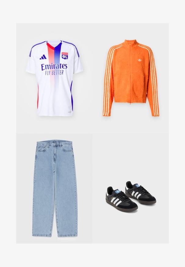 Orangene, flauschige Zip-Jacke mit hohem Kragen, die drei weiße Streifen an jedem Ärmel und ein kleines weißes Logo auf der Brust aufweist.; Weißes Sporttrikot mit einem Farbverlauf von rot und blau, versehen mit dem "Emirates"-Logo und dem "OL"-Emblem, hergestellt aus glattem, leichtem Material.; Hellblaue Jeans aus Denim mit geradem Bein, ausgestattet mit einer mittelhohen Taille, fünf Taschen sowie einem Knopf- und Reißverschluss.; Schwarze Sneaker mit einem Obermaterial aus Wildleder und Synthetik, ausgestattet mit drei weißen Streifen, einer strukturierten Gummi-Sohle und einem blauen Logo-Tag auf der Zunge.