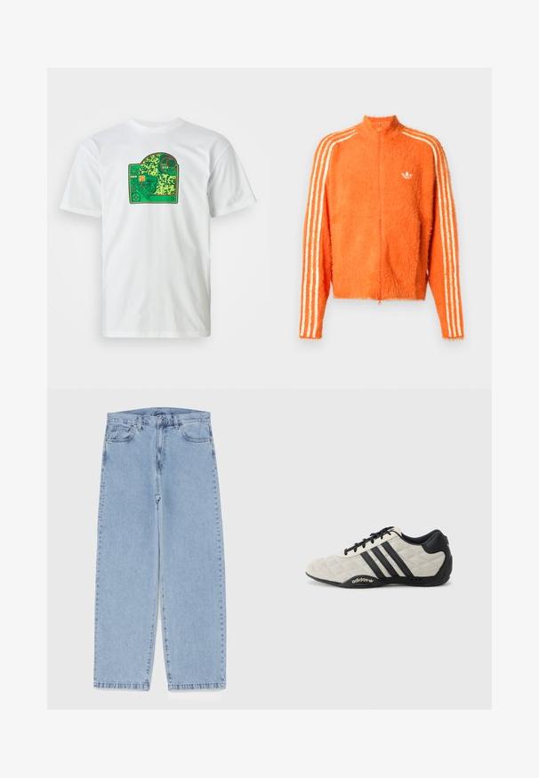 Orange fuzzy zip-up jacket with high collar, featuring three white stripes down each sleeve and a small white logo on the chest.; White cotton T-shirt with a green circuit board graphic featuring intricate patterns, red accents, and a layered design element.; Light blue denim jeans with straight leg design, featuring a mid-rise waist, five pockets, and a button and zipper closure.; Adidas sports shoe with a textured, light gray upper and black leather accents. Features black three-stripe logo and cushioned sole.