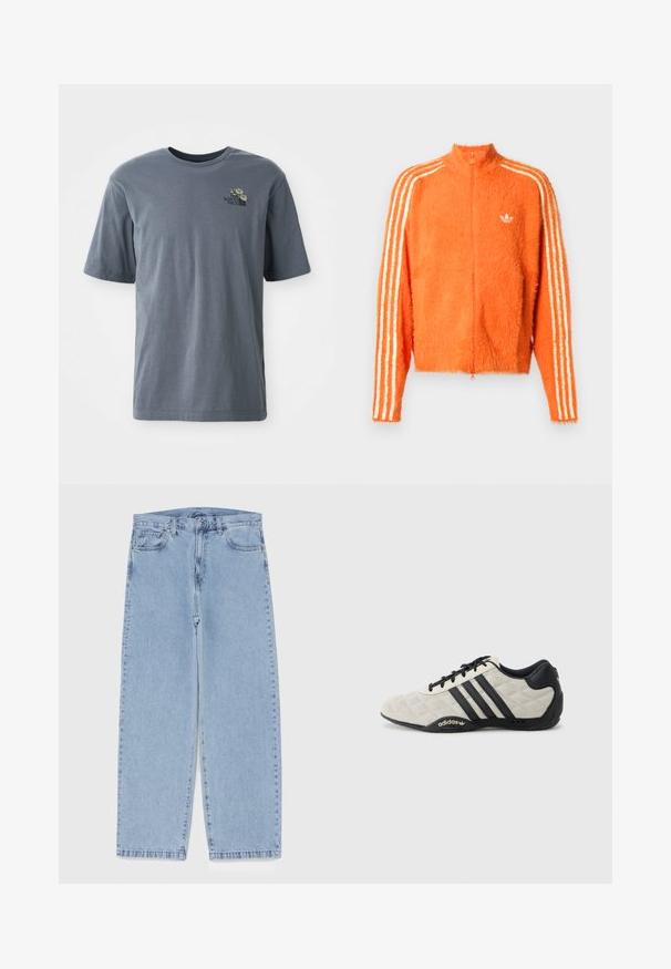 Oransje, plysjete zip-up jakke med høy krage, med tre hvite striper nedover hver erme og en liten hvit logo på brystet.; Grå kortermet t-skjorte laget av bomull, med et lite brodert logo og blomstermønster på venstre brystområde.; Lyseblå denimjeans med rett ben-design, med mid-rise liv, fem lommer og knap og lynlås lukning.; Adidas sportssko med en teksturert, lys grå overdel og svarte skinndetaljer. Har svart tre-stripes logo og polstret såle.