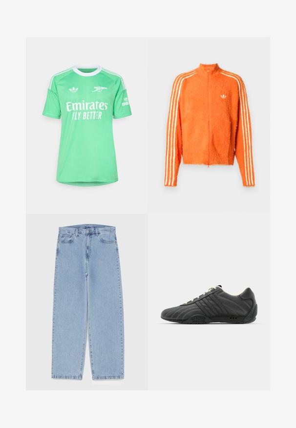 Giacca arancione pelosa con zip e colletto alto, con tre strisce bianche lungo ciascun manica e un piccolo logo bianco sul petto.; adidas Performance ARSENAL FC 25/26 3RD GOALKEEPER JERSEY - Squadra - semi screaming green/white; Jeans in denim azzurro chiaro con design a gamba dritta, caratterizzati da una vita media, cinque tasche e chiusura con bottone e zip.; adidas Originals ADIRACER UNISEX - Sneakers basse - core black/cream white