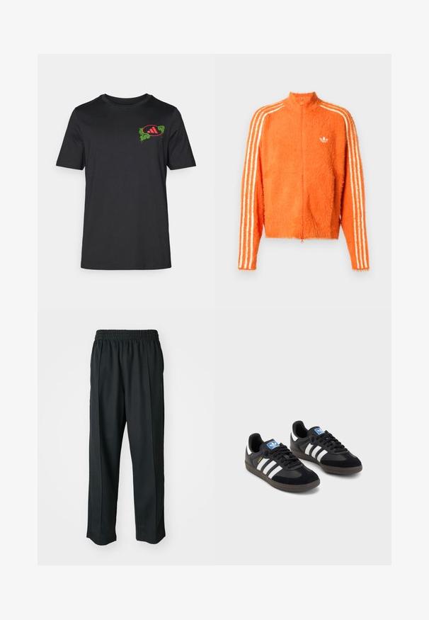 Oranje harige zip-up jack met hoge kraag, met drie witte strepen langs elke mouw en een klein wit logo op de borst.; Zwarte katoenen T-shirt met ronde hals. Bevat een levendig groen en rood grafisch ontwerp op de linkerborst, met palmbladeren en logo.; Zwarte sportbroek met een elastische tailleband, gemaakt van gladde stof, met subtiele zijnaad en een relaxte pasvorm, recht gesneden.; Zwarte sneakers met een bovenwerk van suède en synthetisch materiaal, voorzien van drie witte strepen, een gestructureerde rubberen zool en een blauw logo-label op de tong.