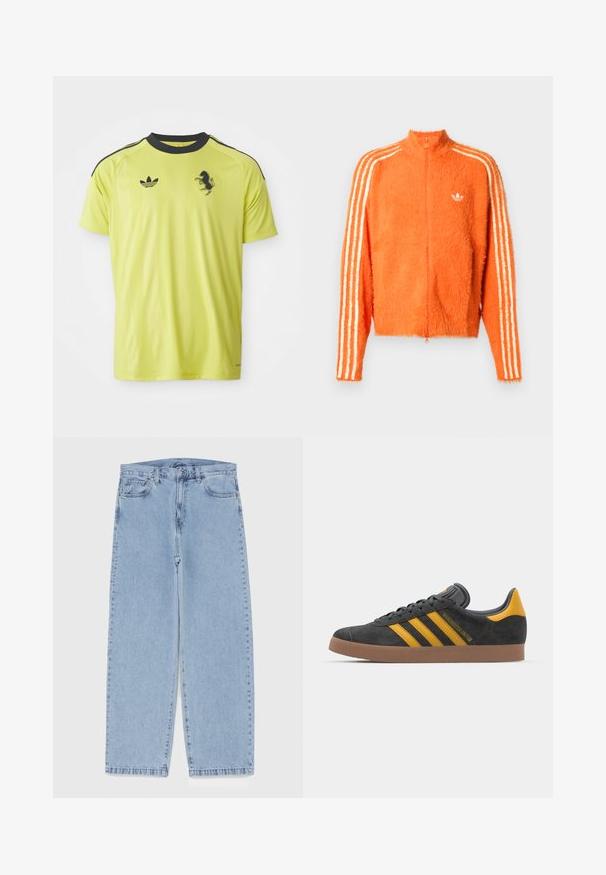 Oranžinė pūkuota zip-up striukė su aukštu apykakle, turinti tris baltas juosteles kiekviename rankovėje ir mažą baltą logotipą krūtinėje.; Ryškiai geltona sportinė marškinė su juodais akcentais, trumpomis rankovėmis ir apvaliu kaklu. Įrengtas Adidas logotipas ir juodos žirgo grafika.; Šviesiai mėlyni džinsai su tiesiomis kojomis, turintys vidutinio aukščio juosmenį, penkias kišenes ir mygtuko bei užtrauktuko uždarymą.; Juodas zomšinės sportbačiai su geltonais akcentais, turintys tris juosteles ir rudą gumos padą. Apima paminkštintą liežuvėlį patogumui.