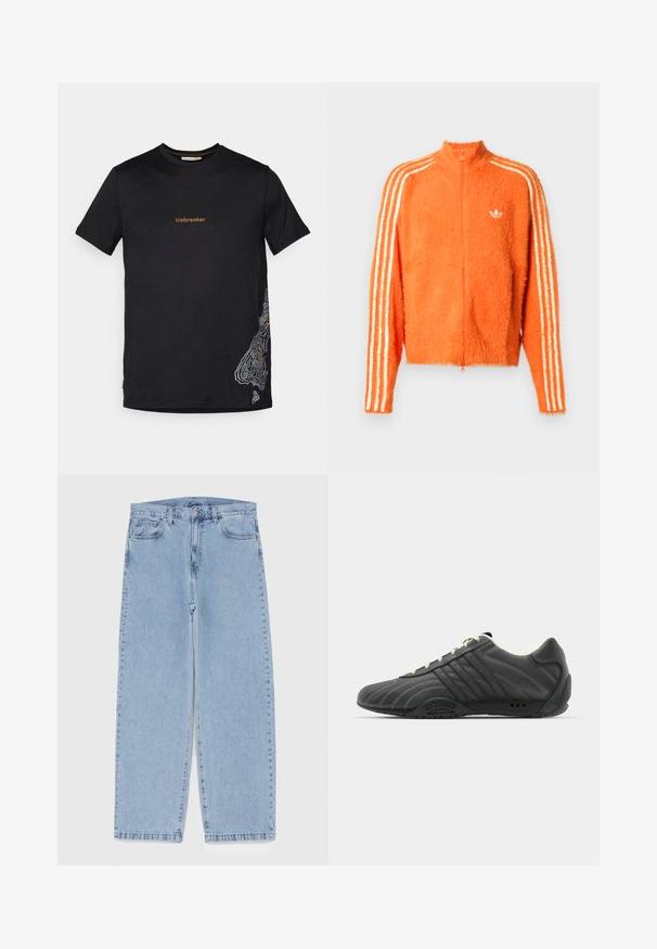 Orange fuzzy zip-up jakke med høj krave, der har tre hvide striber ned ad hver ærme og et lille hvidt logo på brystet.; Sort kortærmet t-shirt med "icebreaker" tekst i orange på brystet og hvidt topografisk kortdesign på nederste højre side.; Lyseblå denimjeans med straight leg-design, der har en mid-rise talje, fem lommer og en lukning med knap og lynlås.; adidas Originals ADIRACER UNISEX - Sneakers - core black/cream white