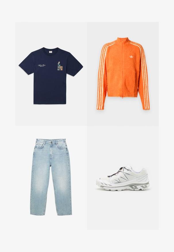 Oranžová chlpová bunda na zips s vysokým golierom, ktorá má tri biele pruhy na každom rukáve a malé biele logo na hrudi.; Námornícky modré bavlnené tričko s krátkym rukávom, s grafikou naskladaných kaziet a textom "Killing Bees" na hrudi.; Svetlomodré džínsy s vysokým pásom, rovný strih nohavíc, predné a zadné vrecká a gombíkový uzáver s viditeľným šitím.; Biele športové topánky s textúrovaným zvrškom, reflexnými akcentmi a sivou podrážkou. Obsahuje zvýraznené trojuholníkové vzory a systém rýchleho šnurovania.