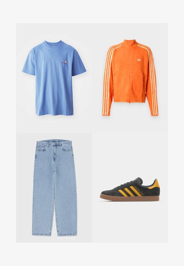 Orange fuzzy zip-up jacket with high collar, featuring three white stripes down each sleeve and a small white logo on the chest.; Light blue cotton T-shirt with short sleeves and a round neckline. Features a small orange and red logo on the left chest area.; Light blue denim jeans with straight leg design, featuring a mid-rise waist, five pockets, and a button and zipper closure.; Black suede sneaker with yellow accents, featuring three stripes and a brown rubber sole. Includes a padded tongue for comfort.