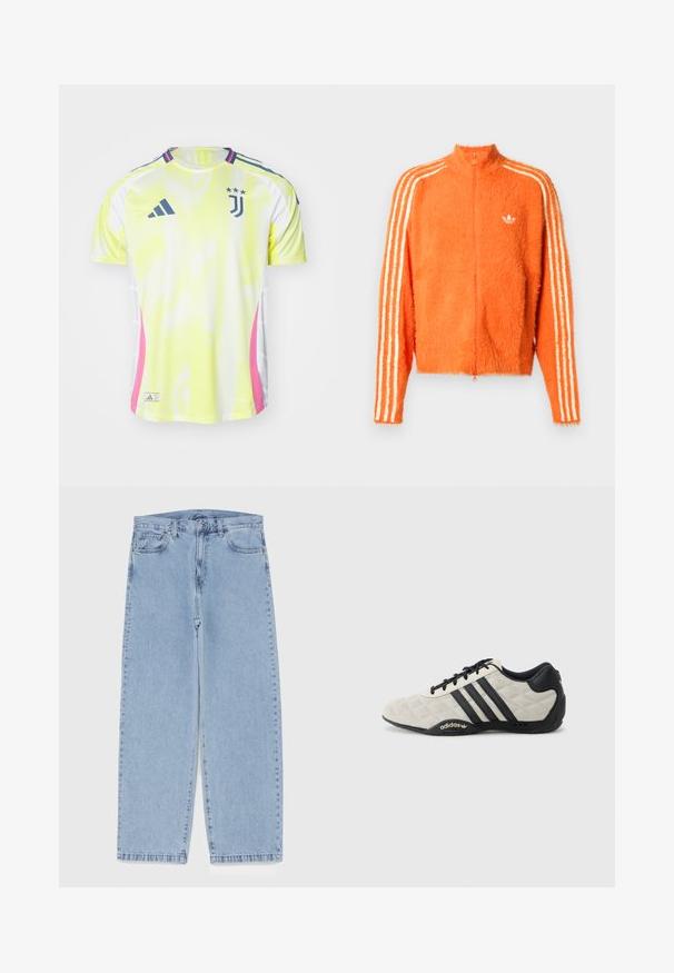 Orange fuzzy zip-up jakke med høj krave, der har tre hvide striber ned ad hver ærme og et lille hvidt logo på brystet.; Gul og hvid mesh trøje med rosa accenter, har korte ærmer, rund hals og Juventus-logo med tre stjerner på brystet.; Lyseblå denimjeans med straight leg-design, der har en mid-rise talje, fem lommer og en lukning med knap og lynlås.; Adidas sportssko med en struktureret, lysegrå overdel og sorte læderdetaljer. Har et sort tre-stribes logo og en polstret sål.